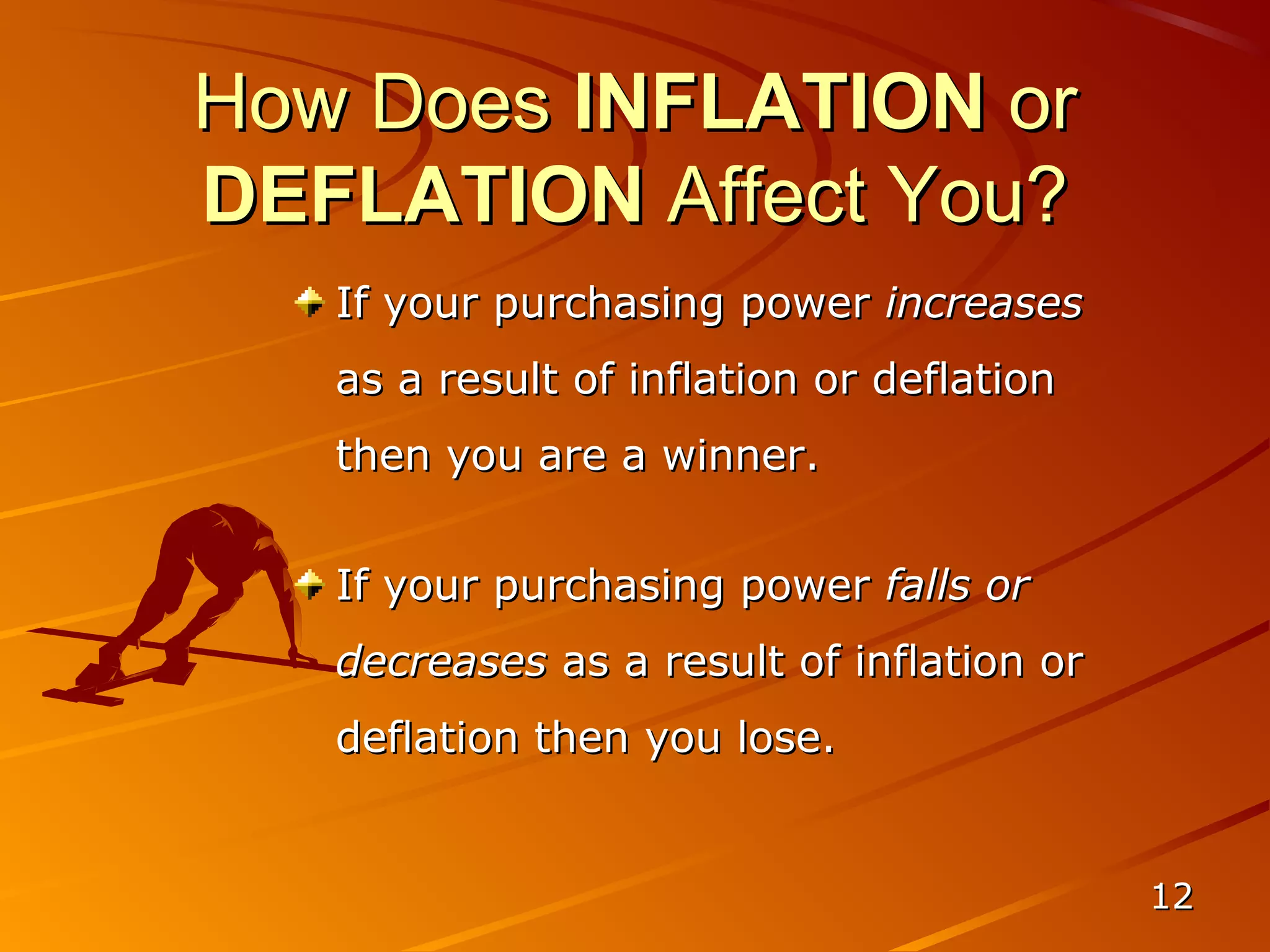 How Does INFLATION or
DEFLATION Affect You?
   If your purchasing power increases
   as a result of inflation or deflation
   then you are a winner.


   If your purchasing power falls or
   decreases as a result of inflation or
   deflation then you lose.


                                           12
 