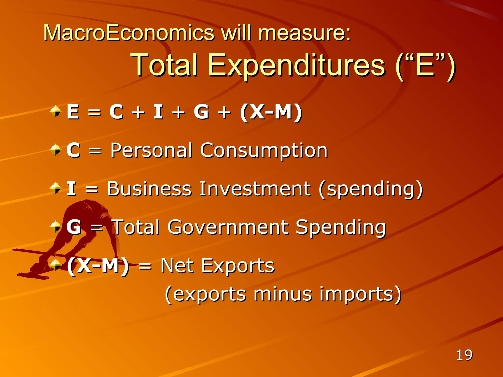 MacroEconomics will measure:
        Total Expenditures (“E”)
  E = C + I + G + (X-M)
  C = Personal Consumption
  I = Business Investment (spending)
  G = Total Government Spending
  (X-M) = Net Exports
          (exports minus imports)


                                       19
 