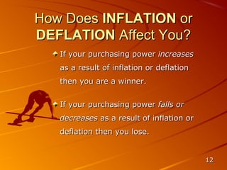 How Does INFLATION or
DEFLATION Affect You?
   If your purchasing power increases
   as a result of inflation or deflation
   then you are a winner.


   If your purchasing power falls or
   decreases as a result of inflation or
   deflation then you lose.


                                           12
 