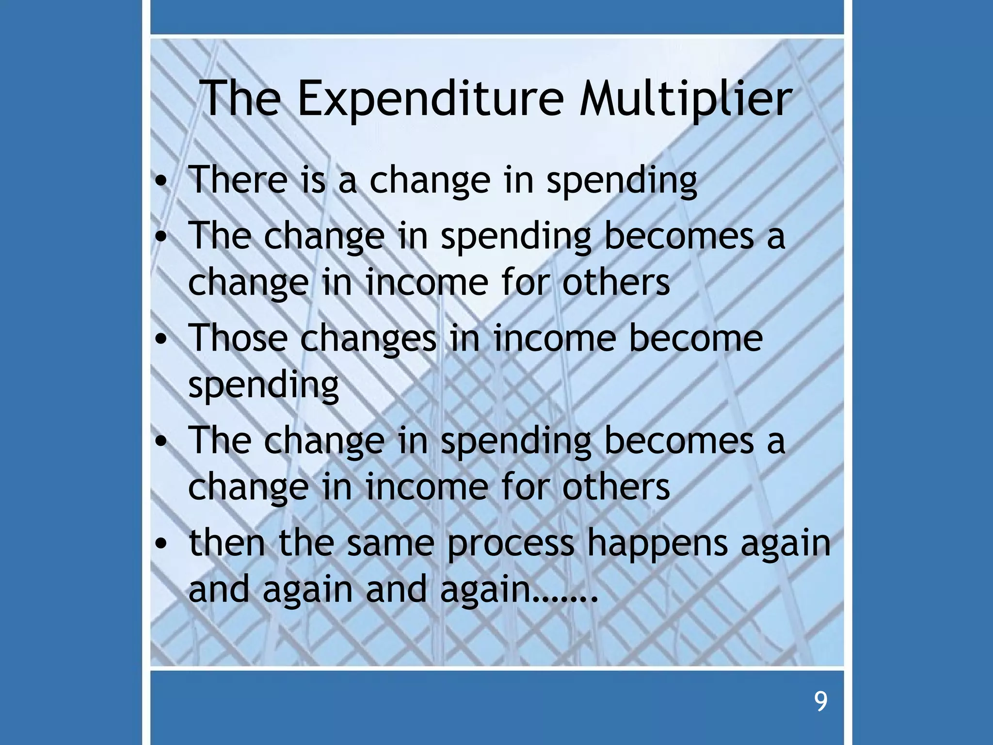 The Expenditure Multiplier
• There is a change in spending
• The change in spending becomes a
  change in income for others
• Those changes in income become
  spending
• The change in spending becomes a
  change in income for others
• then the same process happens again
  and again and again…….

                                    9
 