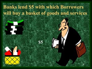 Banks lend $5 with which Borrowers
will buy a basket of goods and services




                $5



                     ...