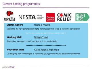 Current funding programmes




  Digital Makers                    Nesta & Mozilla
  Supporting the next generation of digital makers (personal, social & economic participation)

                         ------------------------------------
  Working Well                      Design Council
  Developing new approaches to employment and employability

                         ------------------------------------
  Innovation Labs                   Comic Relief & Right Here
  Co-designing new technologies to supporting young people around issues of mental health
 