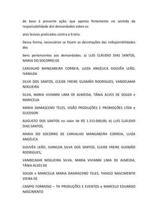 de base à presente ação, que aponta fortemente no sentido da
responsabilidade dos demandados sobre os
atos lesivos praticados contra o Erário.
Dessa forma, necessárias se fazem as decretações das indisponibilidades
dos
bens pertencentes aos demandados: a) LUÍS CLÁUDIO DIAS SANTOS,
MARIA DO SOCORRO DE
CARVALHO MANGABEIRA CORREIA, LUIZA ANGÉLICA GOUVÊA LEÃO,
IVANILDA
SILVA DOS SANTOS, CLEIDE FREIRE GUSMÃO RODRIGUES, VANDELMAR
NOGUEIRA
SILVA, MARIA VIVIANNI LIMA DE ALMEIDA, TÂNIA ALVES DE SOUZA e
MARICELIA
MARIA DAMASCENO TELES, VISÃO PRODUÇÕES E PROMOÇÕES LTDA e
GUEDSON
AUGUSTO DOS SANTOS no valor de R$ 1.315.000,00; b) LUÍS CLÁUDIO
DIAS SANTOS,
MARIA DO SOCORRO DE CARVALHO MANGABEIRA CORREIA, LUIZA
ANGÉLICA
GOUVÊA LEÃO, IVANILDA SILVA DOS SANTOS, CLEIDE FREIRE GUSMÃO
RODRIGUES,
VANDELMAR NOGUEIRA SILVA, MARIA VIVIANNI LIMA DE ALMEIDA,
TÂNIA ALVES DE
SOUZA e MARICELIA MARIA DAMASCENO TELES, THIAGO NASCIMENTO
VIEIRA DE
CAMPO FORMOSO – TH PRODUÇÕES E EVENTOS e MARCELO EDUARDO
NASCIMENTO
 