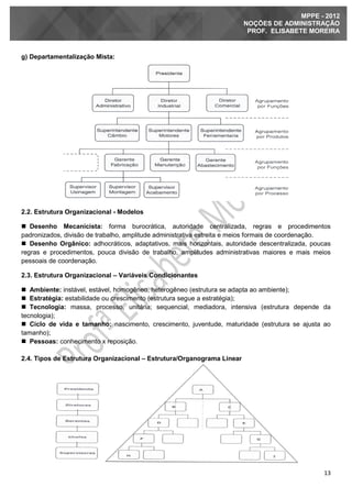 13
MPPE - 2012
NOÇÕES DE ADMINISTRAÇÃO
PROF. ELISABETE MOREIRA
g) Departamentalização Mista:
2.2. Estrutura Organizacional - Modelos
 Desenho Mecanicista: forma burocrática, autoridade centralizada, regras e procedimentos
padronizados, divisão de trabalho, amplitude administrativa estreita e meios formais de coordenação.
 Desenho Orgânico: adhocráticos, adaptativos, mais horizontais, autoridade descentralizada, poucas
regras e procedimentos, pouca divisão de trabalho, amplitudes administrativas maiores e mais meios
pessoais de coordenação.
2.3. Estrutura Organizacional – Variáveis Condicionantes
 Ambiente: instável, estável, homogêneo, heterogêneo (estrutura se adapta ao ambiente);
 Estratégia: estabilidade ou crescimento (estrutura segue a estratégia);
 Tecnologia: massa, processo, unitária; sequencial, mediadora, intensiva (estrutura depende da
tecnologia);
 Ciclo de vida e tamanho: nascimento, crescimento, juventude, maturidade (estrutura se ajusta ao
tamanho);
 Pessoas: conhecimento x reposição.
2.4. Tipos de Estrutura Organizacional – Estrutura/Organograma Linear
 