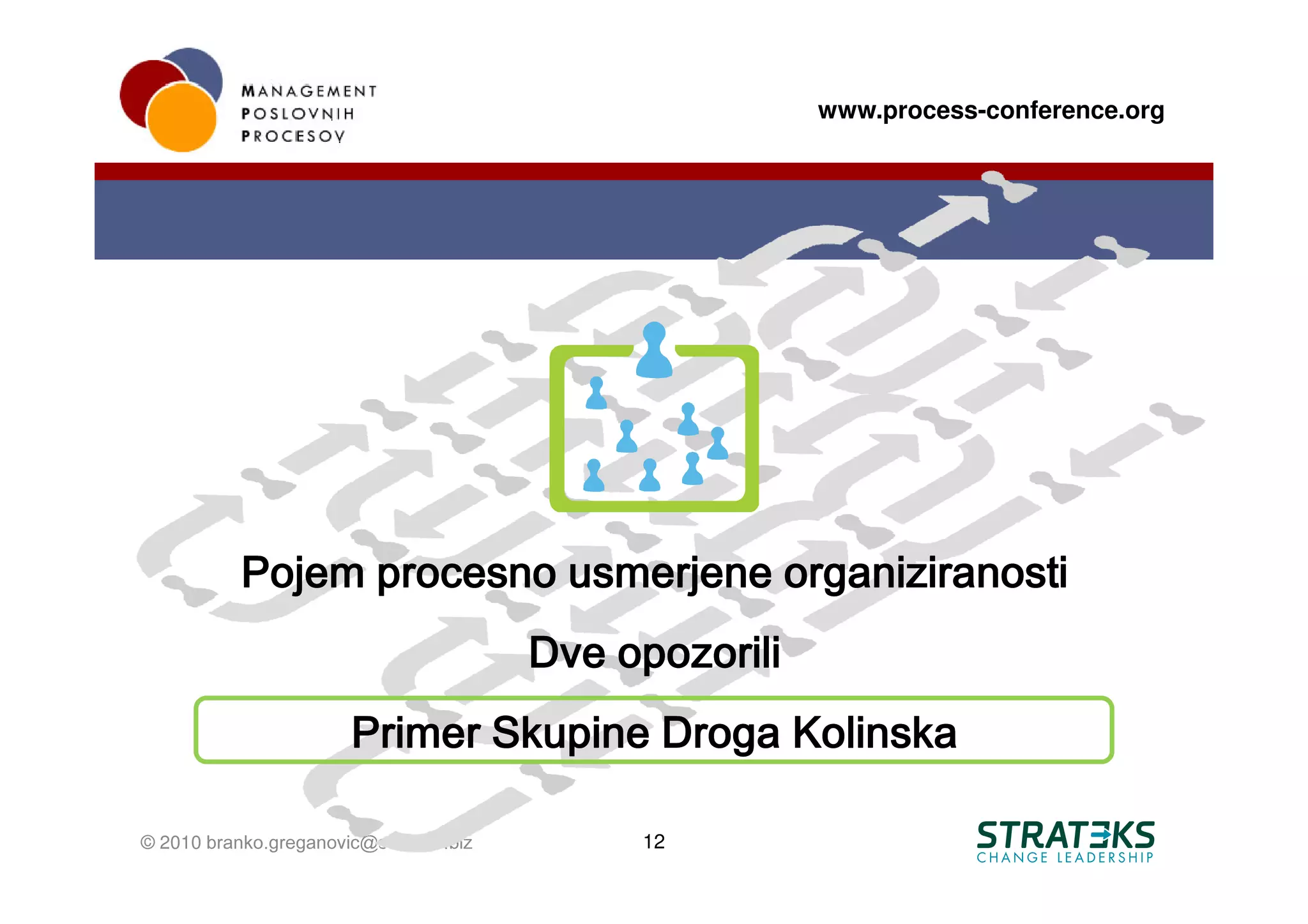 www.process-conference.org




           Pojem procesno usmerjene organiziranosti
                                        Dve opozorili
                       Primer Skupine Droga Kolinska

© 2010 branko.greganovic@strateks.biz        12
 