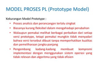 MODEL PROSES PL (Prototype Model)
Kekurangan Model Prototype :
• Proses analisis dan perancangan terlalu singkat
• Biasanya kurang fleksibel dalam mengahadapi perubahan
• Walaupun pemakai melihat berbagai perbaikan dari setiap
versi prototype, tetapi pemakai mungkin tidak menyadari
bahwa versi tersebut dibuat tanpa memperhatikan kualitas
dan pemeliharaan jangka panjang
• Pengembang kadang-kadang membuat kompromi
implementasi dengan menggunakan sistem operasi yang
tidak relevan dan algoritma yang tidak efisien
 