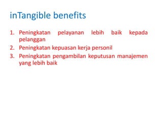 inTangible benefits
1. Peningkatan pelayanan lebih baik kepada
pelanggan
2. Peningkatan kepuasan kerja personil
3. Peningkatan pengambilan keputusan manajemen
yang lebih baik
 