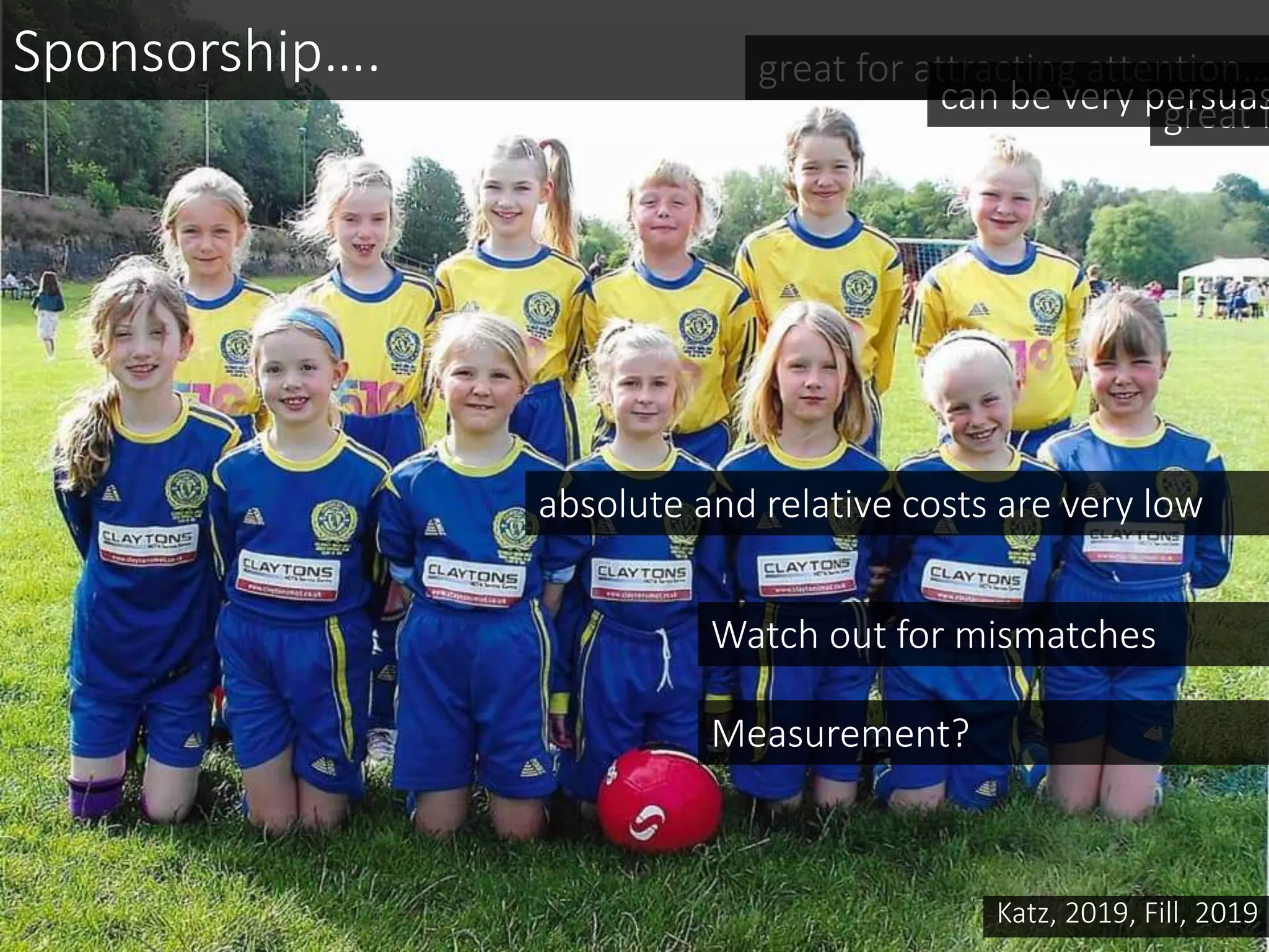 great for attracting attention…
great fcan be very persuas
absolute and relative costs are very low
Sponsorship….
Katz, 2019, Fill, 2019
Watch out for mismatches
Measurement?
 