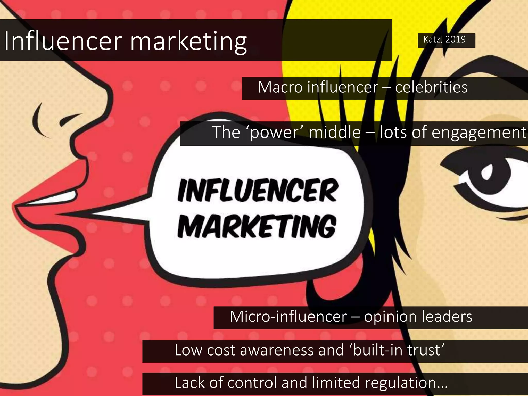 The ‘power’ middle – lots of engagement
Micro-influencer – opinion leaders
Low cost awareness and ‘built-in trust’
Influencer marketing
Macro influencer – celebrities
Katz, 2019
Lack of control and limited regulation…
 