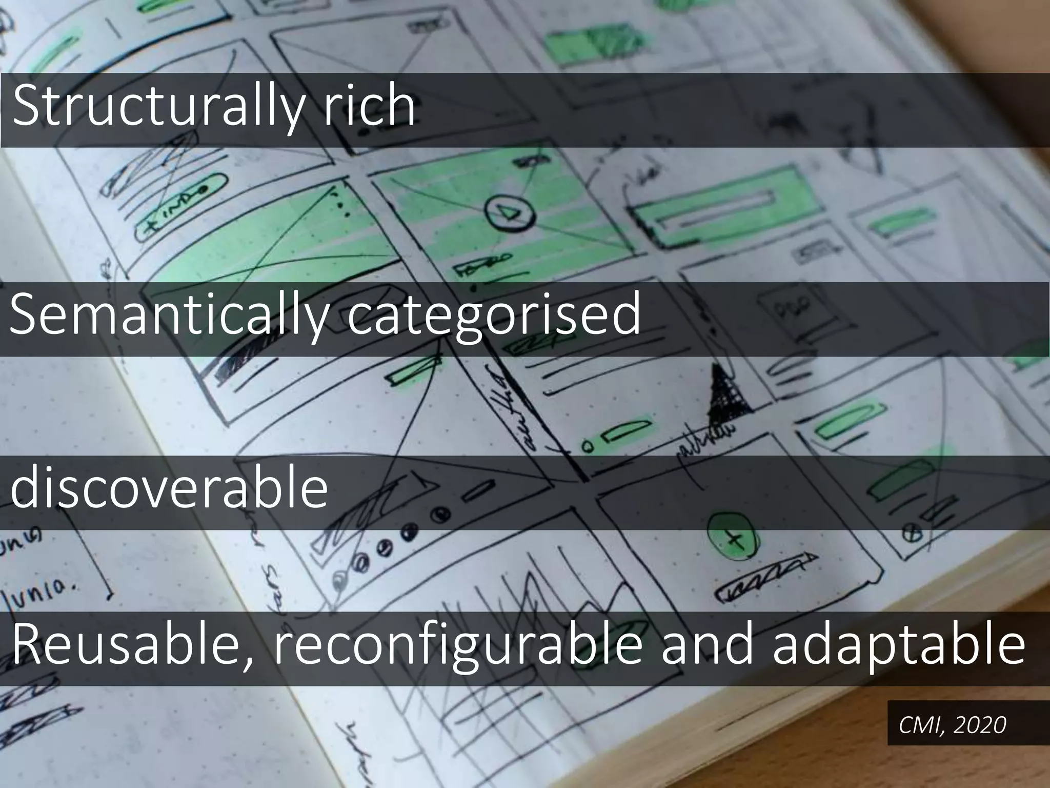Structurally rich
Semantically categorised
discoverable
Reusable, reconfigurable and adaptable
CMI, 2020
 