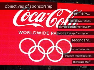 primary…
build awareness
develop customer loyalty
improve image/perception
attract new users
objectives of sponsorship
secondary…
support intermediaries
motivate staff
Fill, 2016
 
