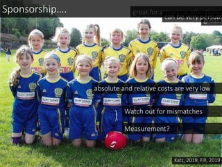 great for attracting attention…
great fcan be very persuas
absolute and relative costs are very low
Sponsorship….
Katz, 2019, Fill, 2019
Watch out for mismatches
Measurement?
 