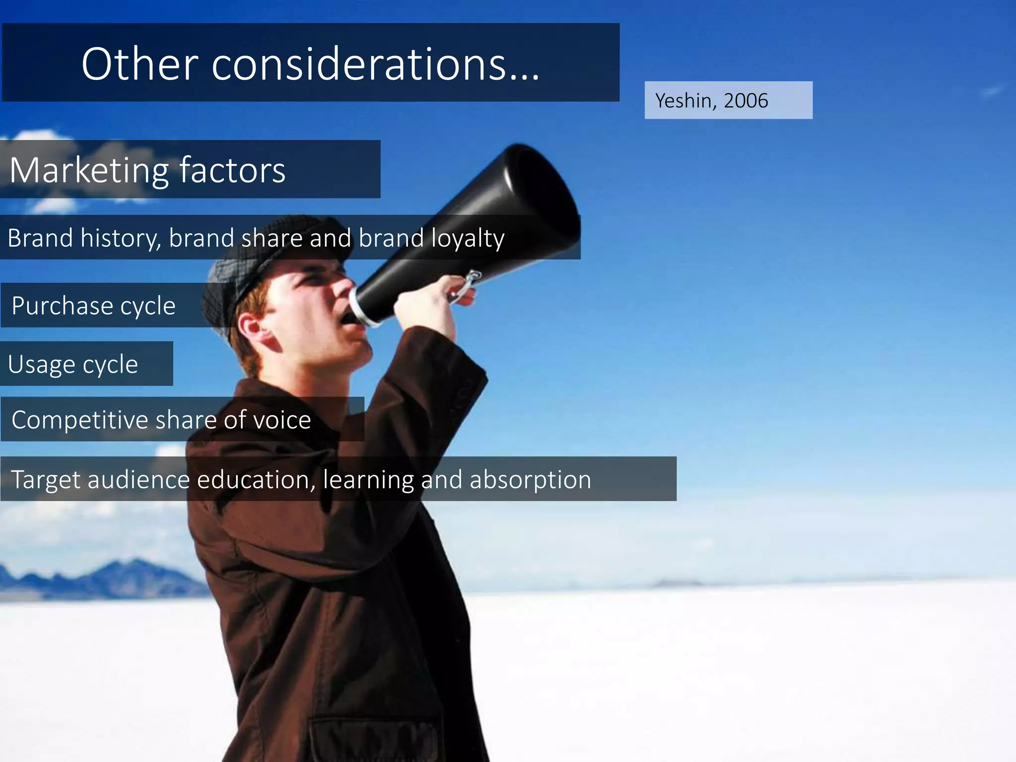 Other considerations…
Brand history, brand share and brand loyalty
Usage cycle
Target audience education, learning and absorption
Marketing factors
Purchase cycle
Competitive share of voice
Yeshin, 2006
 