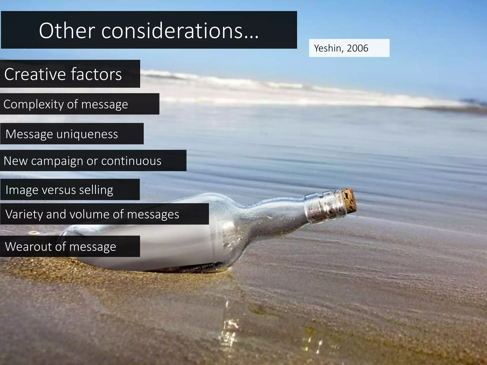 Other considerations…
Complexity of message
New campaign or continuous
Variety and volume of messages
Creative factors
Message uniqueness
Image versus selling
Wearout of message
Yeshin, 2006
 