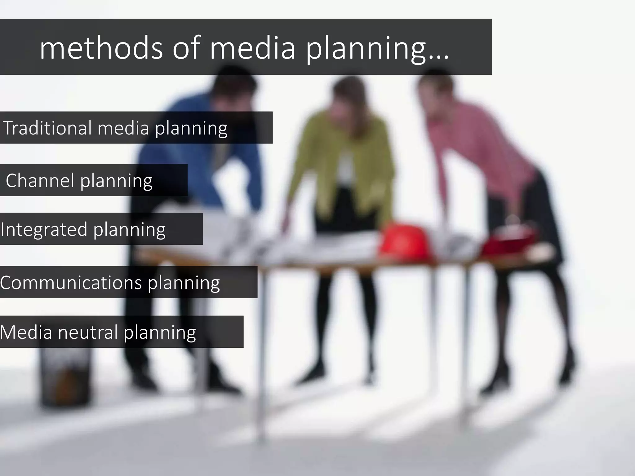 methods of media planning…
Traditional media planning
Channel planning
Integrated planning
Communications planning
Media neutral planning
 