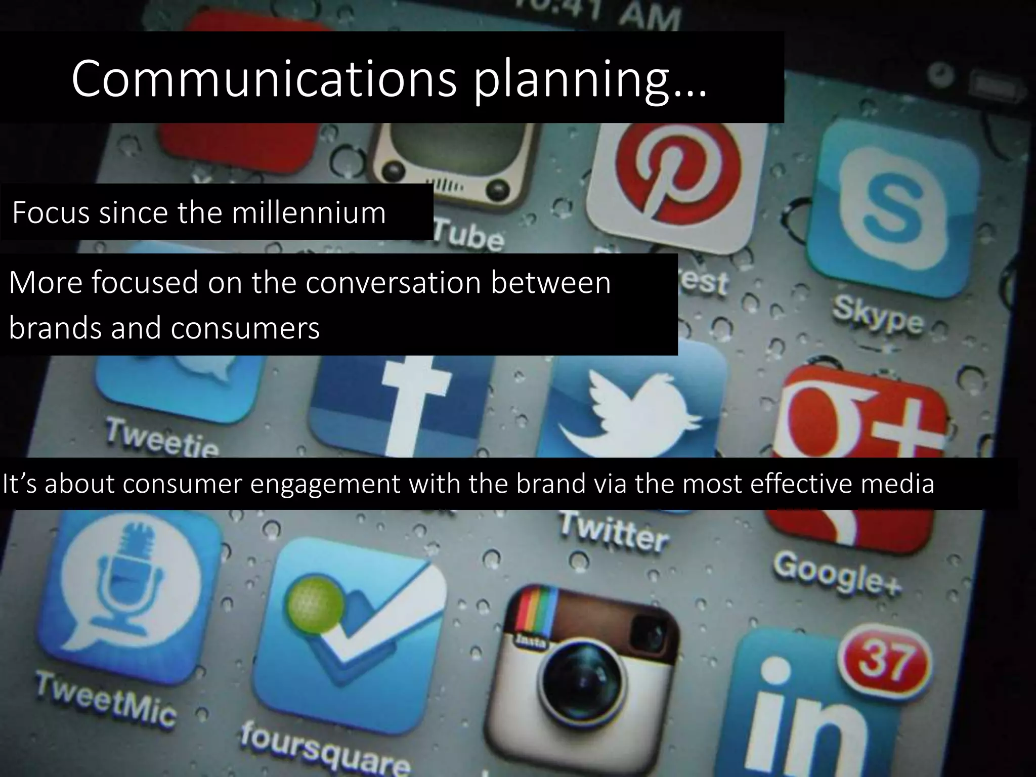 Communications planning…
Focus since the millennium
More focused on the conversation between
brands and consumers
It’s about consumer engagement with the brand via the most effective media
 