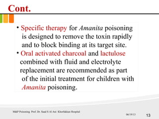 Cont.
• Specific therapy for Amanita poisoning
is designed to remove the toxin rapidly
and to block binding at its target site.
• Oral activated charcoal and lactulose
combined with fluid and electrolyte
replacement are recommended as part
of the initial treatment for children with
Amanita poisoning.
M&P Poisoning Prof. Dr. Saad S Al Ani Khorfakkan Hospital
1306/19/13
 