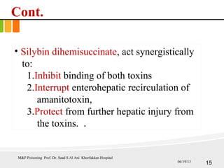 Cont.
• Silybin dihemisuccinate, act synergistically
to:
1.Inhibit binding of both toxins
2.Interrupt enterohepatic recirculation of
amanitotoxin,
3.Protect from further hepatic injury from
the toxins. .
M&P Poisoning Prof. Dr. Saad S Al Ani Khorfakkan Hospital
1506/19/13
 