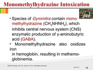 Monomethylhydrazine Intoxication
• Species of Gyromitra contain mono-
methylhydrazine (CH3NHNH2), which
inhibits central nervous system (CNS)
enzymatic production of γ-aminobutyric
acid (GABA).
• Monomethylhydrazine also oxidizes
iron
in hemoglobin, resulting in methemo-
globinemia.
M&P Poisoning Prof. Dr. Saad S Al Ani Khorfakkan Hospital
1606/19/13
 