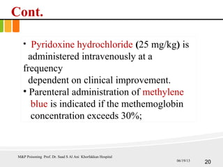 Cont.
• Pyridoxine hydrochloride (25 mg/kg) is
administered intravenously at a
frequency
dependent on clinical improvement.
• Parenteral administration of methylene
blue is indicated if the methemoglobin
concentration exceeds 30%;
M&P Poisoning Prof. Dr. Saad S Al Ani Khorfakkan Hospital
2006/19/13
 