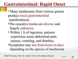 Gastrointestinal: Rapid Onset
• Many mushrooms from various genera
produce local gastrointestinal
manifestations.
•The causative toxins are diverse and
largely unknown.
• Within 1 h of ingestion, patients
experience acute abdominal pain,
nausea, vomiting, and diarrhea.
•Symptoms may last from hours to days
depending on the species of mushroom
40
M&P Poisoning Prof. Dr. Saad S Al Ani Khorfakkan Hospital 06/19/13
 