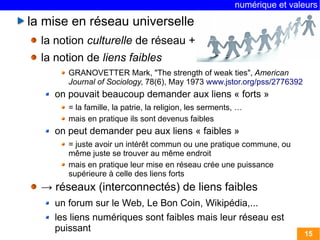 numérique et valeurs 
15 
la mise en réseau universelle 
la notion culturelle de réseau + 
la notion de liens faibles 
GRANOVETTER Mark, "The strength of weak ties", American 
Journal of Sociology, 78(6), May 1973 www.jstor.org/pss/2776392 
on pouvait beaucoup demander aux liens « forts » 
= la famille, la patrie, la religion, les serments, … 
mais en pratique ils sont devenus faibles 
on peut demander peu aux liens « faibles » 
= juste avoir un intérêt commun ou une pratique commune, ou 
même juste se trouver au même endroit 
mais en pratique leur mise en réseau crée une puissance 
supérieure à celle des liens forts 
→ réseaux (interconnectés) de liens faibles 
un forum sur le Web, Le Bon Coin, Wikipédia,... 
les liens numériques sont faibles mais leur réseau est 
puissant 
 