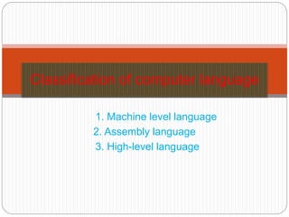 1. Machine level language
2. Assembly language
3. High-level language
Classification of computer language
 