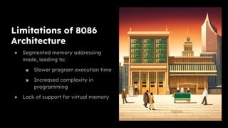Limitations of 8086
Architecture
● Segmented memory addressing
mode, leading to:
■ Slower program execution time
■ Increased complexity in
programming
● Lack of support for virtual memory
 
