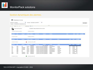 Gestion dynamiques des alarmes.
MonitorPack solutions
TECK SYSTEM SOFT. Copyrights © 2003 - 2016
 