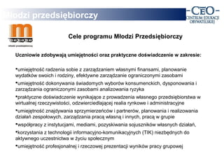 Młodzi przedsiębiorczy

                         Cele programu Młodzi Przedsiębiorczy

  Uczniowie zdobywają umiejętności oraz praktyczne doświadczenie w zakresie:

  umiejętność radzenia sobie z zarządzaniem własnymi finansami, planowanie
  wydatków swoich i rodziny, efektywne zarządzanie ograniczonymi zasobami
  umiejętność dokonywania świadomych wyborów konsumenckich, dysponowania i
  zarządzania ograniczonymi zasobami analizowania ryzyka
  praktyczne doświadczenie wynikające z prowadzenia własnego przedsiębiorstwa w
  wirtualnej rzeczywistości, odzwierciedlającej realia rynkowe i administracyjne
  umiejętność znajdywania sprzymierzeńców i partnerów, planowania i realizowania
  działań zespołowych, zarządzania pracą własną i innych, pracą w grupie
  współpracy z instytucjami, mediami, pozyskiwania sojuszników własnych działań,
  korzystania z technologii informacyjno-komunikacyjnych (TIK) niezbędnych do
  aktywnego uczestnictwa w życiu społecznym
  umiejętność profesjonalnej i rzeczowej prezentacji wyników pracy grupowej
 