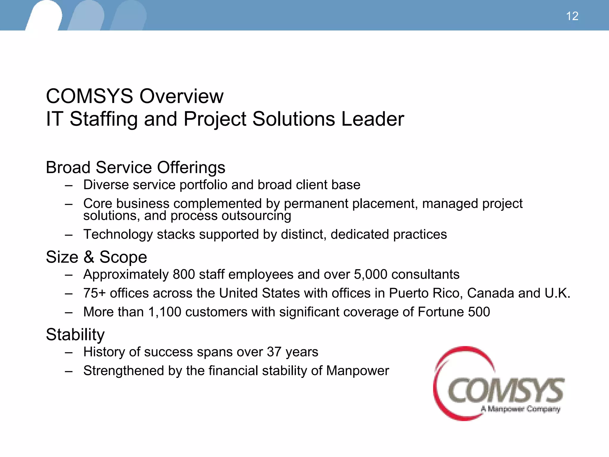 COMSYS Overview  IT Staffing and Project Solutions Leader Broad Service Offerings  Diverse service portfolio and broad client base Core business complemented by permanent placement, managed project solutions, and process outsourcing Technology stacks supported by distinct, dedicated practices Size & Scope  Approximately 800 staff employees and over 5,000 consultants  75+ offices across the United States with offices in Puerto Rico, Canada and U.K. More than 1,100 customers with significant coverage of Fortune 500  Stability  History of success spans over 37 years Strengthened by the financial stability of Manpower  