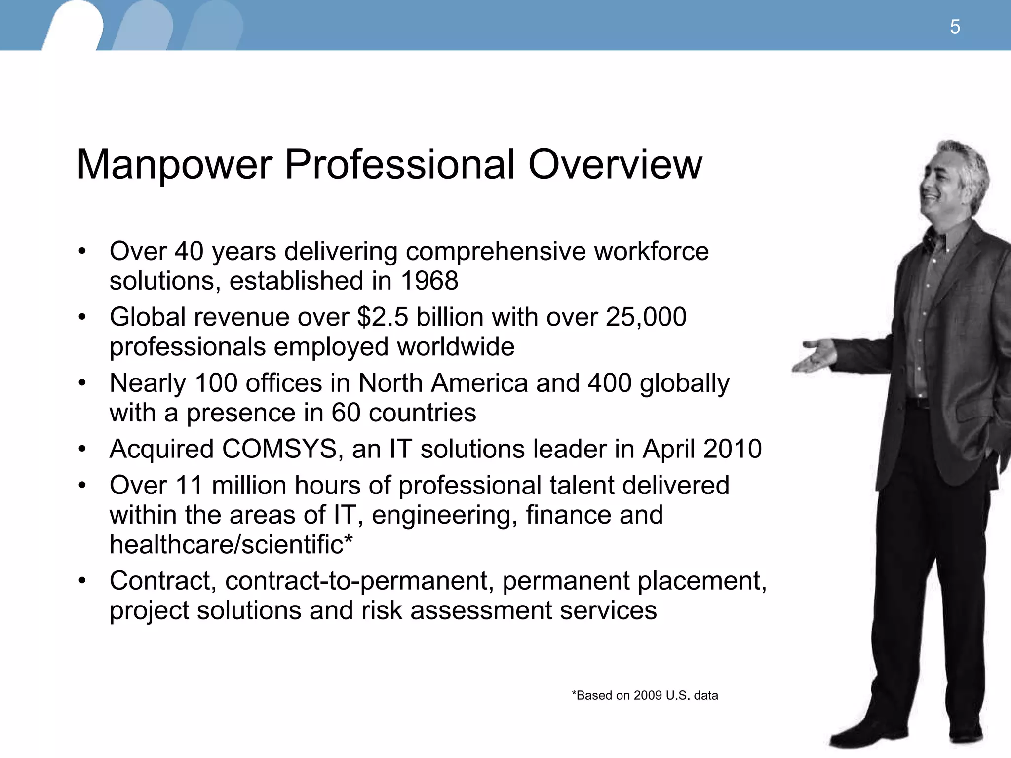 Manpower Professional Overview Over  40 years  delivering  comprehensive workforce solutions, established in 1968 Global revenue over  $2.5 billion  with over  25,000 professionals  employed worldwide  Nearly  100  offices in North America and  400  globally with a presence in  60  countries  Acquired COMSYS, an IT solutions leader in April 2010  Over  11 million hours  of professional talent delivered within the areas of IT, engineering, finance and healthcare/scientific* Contract, contract-to-permanent, permanent placement, project solutions and risk assessment services *Based on 2009 U.S. data 