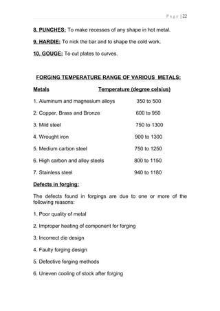 P a g e | 22


8. PUNCHES: To make recesses of any shape in hot metal.

9. HARDIE: To nick the bar and to shape the cold work.

10. GOUGE: To cut plates to curves.



 FORGING TEMPERATURE RANGE OF VARIOUS METALS:

Metals                      Temperature (degree celsius)

1. Aluminum and magnesium alloys               350 to 500

2. Copper, Brass and Bronze                    600 to 950

3. Mild steel                                  750 to 1300

4. Wrought iron                            900 to 1300

5. Medium carbon steel                     750 to 1250

6. High carbon and alloy steels            800 to 1150

7. Stainless steel                         940 to 1180

Defects in forging:

The defects found in forgings are due to one or more of the
following reasons:

1. Poor quality of metal

2. Improper heating of component for forging

3. Incorrect die design

4. Faulty forging design

5. Defective forging methods

6. Uneven cooling of stock after forging
 