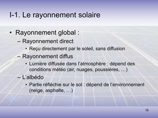 16
I-1. Le rayonnement solaire
• Rayonnement global :
– Rayonnement direct
• Reçu directement par le soleil, sans diffusion
– Rayonnement diffus
• Lumière diffusée dans l’atmosphère : dépend des
conditions météo (air, nuages, poussières, …)
– L’albédo
• Partie réfléchie sur le sol : dépend de l’environnement
(neige, asphalte, …)
 