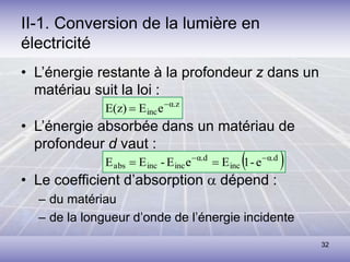 32
II-1. Conversion de la lumière en
électricité
• L’énergie restante à la profondeur z dans un
matériau suit la loi :
• L’énergie absorbée dans un matériau de
profondeur d vaut :
• Le coefficient d’absorption a dépend :
– du matériau
– de la longueur d’onde de l’énergie incidente
α.z
ince
E
E(z) 

 
α.d
inc
α.d
inc
inc
abs e
-
1
E
e
E
-
E
E 



 