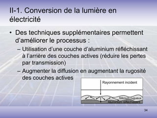 34
II-1. Conversion de la lumière en
électricité
• Des techniques supplémentaires permettent
d’améliorer le processus :
– Utilisation d’une couche d’aluminium réfléchissant
à l’arrière des couches actives (réduire les pertes
par transmission)
– Augmenter la diffusion en augmentant la rugosité
des couches actives
Rayonnement incident
Aluminium réfléchissant
Silicium rugueux
 