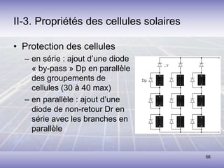 56
II-3. Propriétés des cellules solaires
• Protection des cellules
– en série : ajout d’une diode
« by-pass » Dp en parallèle
des groupements de
cellules (30 à 40 max)
– en parallèle : ajout d’une
diode de non-retour Dr en
série avec les branches en
parallèle
 