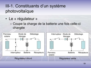 59
III-1. Constituants d’un système
photovoltaïque
• Le « régulateur »
– Coupe la charge de la batterie une fois celle-ci
chargée
Panneau
solaire
Interrupteur Batterie Récepteurs
Délestage
Diode de
blocage
+
-
Régulateur shunt
Panneau
solaire
Interrupteur
Batterie Récepteurs
Délestage
Diode de
blocage
+
-
Régulateur série
 