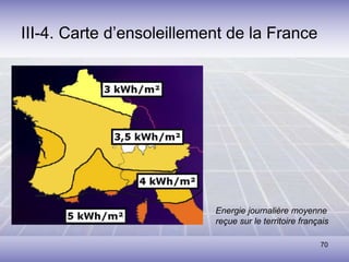 70
III-4. Carte d’ensoleillement de la France
Energie journalière moyenne
reçue sur le territoire français
 
