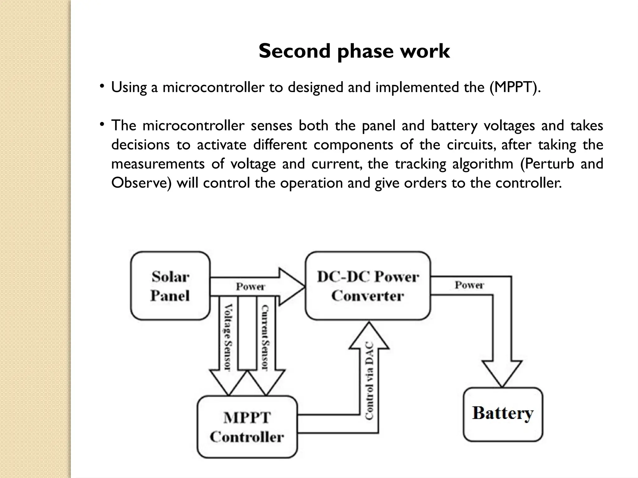 Second phase work
• Using a microcontroller to designed and implemented the (MPPT).
• The microcontroller senses both the panel and battery voltages and takes
decisions to activate different components of the circuits, after taking the
measurements of voltage and current, the tracking algorithm (Perturb and
Observe) will control the operation and give orders to the controller.
 