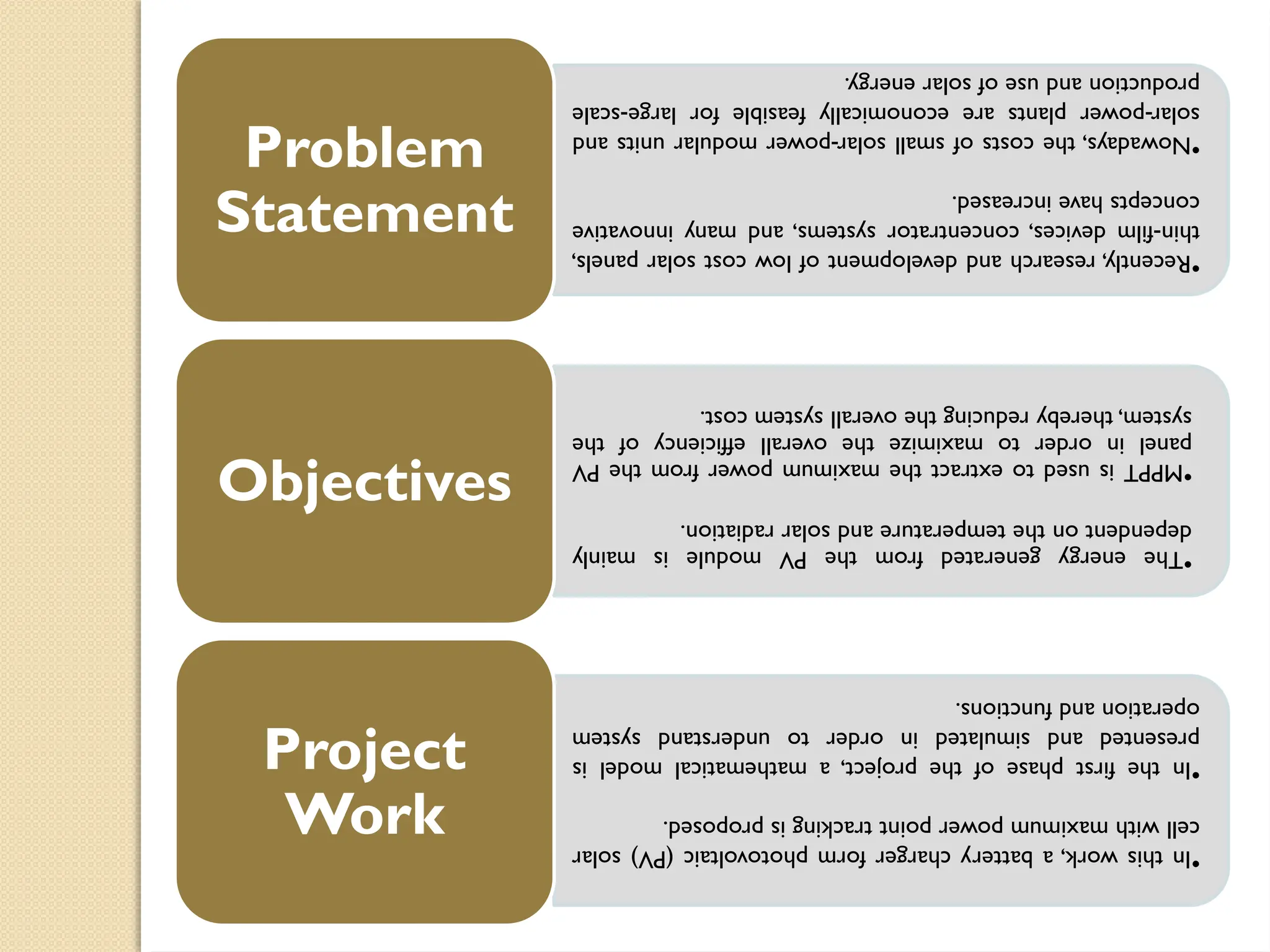 •
Recently,
research
and
development
of
low
cost
solar
panels,
thin-film
devices,
concentrator
systems,
and
many
innovative
concepts
have
increased.
•
Nowadays,
the
costs
of
small
solar-power
modular
units
and
solar-power
plants
are
economically
feasible
for
large-scale
production
and
use
of
solar
energy.
Problem
Statement
•
The
energy
generated
from
the
PV
module
is
mainly
dependent
on
the
temperature
and
solar
radiation.
•
MPPT
is
used
to
extract
the
maximum
power
from
the
PV
panel
in
order
to
maximize
the
overall
efficiency
of
the
system,
thereby
reducing
the
overall
system
cost.
Objectives
•
In
this
work,
a
battery
charger
form
photovoltaic
(PV)
solar
cell
with
maximum
power
point
tracking
is
proposed.
•
In
the
first
phase
of
the
project,
a
mathematical
model
is
presented
and
simulated
in
order
to
understand
system
operation
and
functions.
Project
Work
 