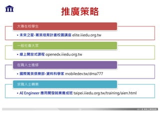 推廣策略
• 未來之星-菁英培育計畫校園講座 elite.iiiedu.org.tw
大專在校學生
• 線上開放式課程 openedx.iiiedu.org.tw
一般社會大眾
• 國際菁英俱樂部-資料科學家 mobiledev.tw/dma777
在職人士進修
• AI Engineer 應用開發就業養成班 taipei.iiiedu.org.tw/training/aien.html
求職人士轉業
10
 