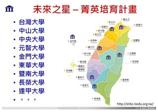 未來之星 – 菁英培育計畫
• 台灣大學
• 中山大學
• 中央大學
• 元智大學
• 金門大學
• 東華大學
• 暨南大學
• 長榮大學
• 逢甲大學
• 。。。 http://elite.iiiedu.org.tw/
4
 