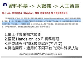 資料科學 -> 大數據 -> 人工智慧
1.依工作專業需求規劃
2.搭配 Hands-on lab 和實務專題
3.完成課程可加購數位認證(非必要)
4.擁抱開源，適用於不同平台的資料科學技能
https://technews.tw/2017/09/04/microsoft-tmu-ai-plan/
8
 