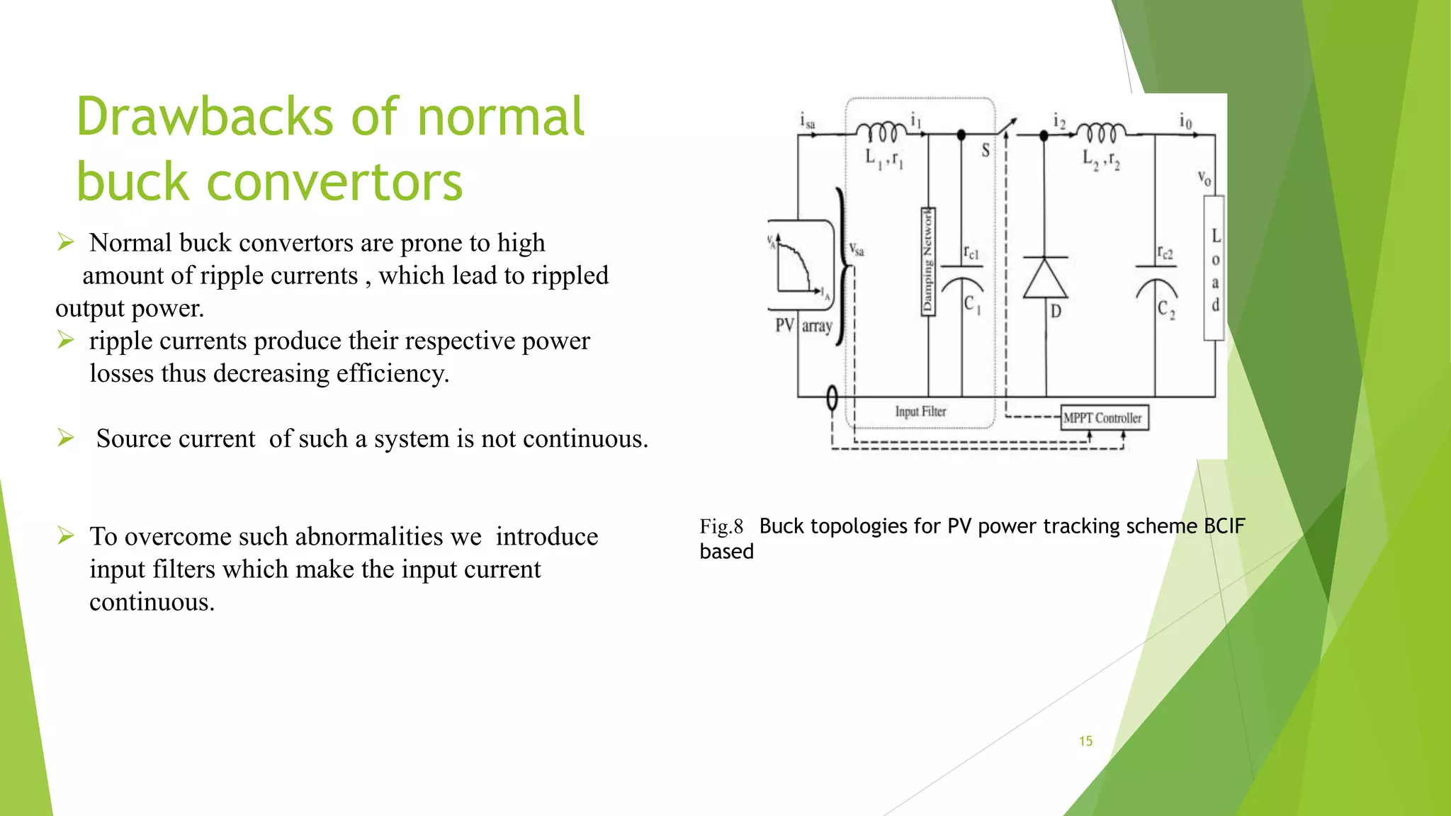 Drawbacks of normal
buck convertors
 Normal buck convertors are prone to high
amount of ripple currents , which lead to rippled
output power.
 ripple currents produce their respective power
losses thus decreasing efficiency.
 Source current of such a system is not continuous.
 To overcome such abnormalities we introduce
input filters which make the input current
continuous.
15
Fig.8 Buck topologies for PV power tracking scheme BCIF
based
 