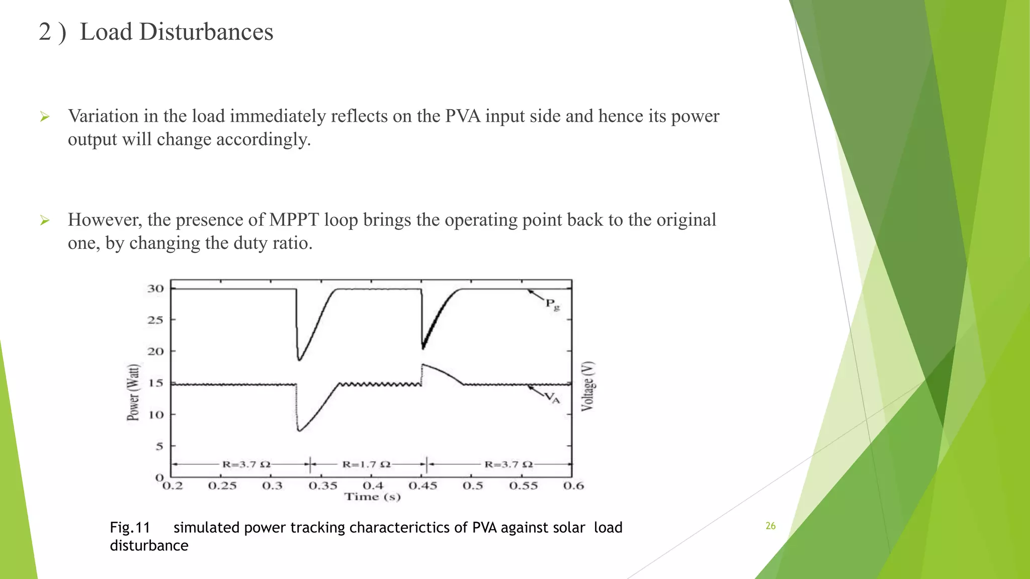 2 ) Load Disturbances
 Variation in the load immediately reflects on the PVA input side and hence its power
output will change accordingly.
 However, the presence of MPPT loop brings the operating point back to the original
one, by changing the duty ratio.
Fig.11 simulated power tracking characterictics of PVA against solar load
disturbance
26
 