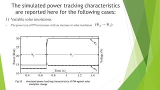 The simulated power tracking characteristics
are reported here for the following cases:
1) Variable solar insolations.
 The power o/p of PVA increases with an increase in solar insolation .
Fig.10 simulated power tracking characterictics of PVA against solar
insolation change
25
 