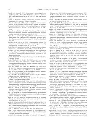 162                                                       PATRICK, CURTIN, AND TELLEGEN


Clark, L. A., & Watson, D. (1999). Temperament: A new paradigm for trait          Eshleman, S., et al. (1994). Lifetime and 12-month prevalence of DSM–
   psychology. In L. A. Pervin & O. P. John (Eds.), Handbook of person-           III–R psychiatric disorders in the United States: Results from The
   ality: Theory and research (2nd ed., pp. 399 – 423). New York: Guilford        National Comorbidity Survey. Archives of General Psychiatry, 51,
   Press.                                                                         8 –19.
Coccaro, E., & Siever, L. (1991). Serotonin and psychiatric disorders.          Krueger, R. F. (1999). The structure of common mental disorders. Archives
   Washington, DC: American Psychiatric Association.                              of General Psychiatry, 56, 921–926.
Cohen, J., & Cohen, P. (1983). Applied multiple regression/correlation          Krueger, R. F. (2000). Phenotypic, genetic, and nonshared environmental
   analysis for the behavioral sciences (2nd ed.). Hillsdale, NJ: Erlbaum.        parallels in the structure of personality: A view from the Multidimen-
Davidson, R. J. (2000). Affective style, psychopathology, and resilience:         sional Personality Questionnaire. Journal of Personality and Social
   Brain mechanisms and plasticity. American Psychologist, 55, 1196 –             Psychology, 79, 1057–1067.
   1214.                                                                        Krueger, R. F., Hicks, B. M., & McGue, M. (2001). Altruism and antisocial
Depue, R. A., & Collins, P. F. (1999). Neurobiology of the structure of           behavior: Independent tendencies, unique personality correlates, distinct
   personality: Dopamine, facilitation of incentive motivation, and extra-        etiologies. Psychological Science, 12, 397– 402.
   version. Behavioral and Brain Sciences, 22, 491–569.                         Krueger, R. F., McGue, M., & Iacono, W. G (2001). The higher-order
Depue, R. A., & Lenzenweger, M. F. (2001). A neurobehavioral dimen-               structure of common DSM mental disorders: Internalization, external-
   sional model. In W. J. Livesley (Ed.), Handbook of personality disor-          ization, and their connections to personality. Personality and Individual
   ders: Theory, research, and treatment (pp. 136 –176). New York: Guil-          Differences, 30, 1245–1259.
   ford Press.                                                                  Krueger, R. F., Schmutte, P. S., Caspi, A., Moffit, T. E., Campbell, K., &
Derryberry, D., & Reed, M. A. (1994). Temperament and attention: Ori-             Silva, P. A. (1994). Personality traits linked to crime among men and
   enting toward and away from positive and negative signals. Journal of          women: Evidence from a birth cohort. Journal of Abnormal Psychology,
   Personality and Social Psychology, 66, 1128 –1139.                             103, 328 –338.
Diener, E. (2000). Subjective well-being: The science of happiness, and a       Lang, P. J. (1995). The emotion probe: Studies of motivation and attention.
   proposal for a national index. American Psychologist, 55, 34 – 43.             American Psychologist, 50, 372–385.
DiLalla, D. L. (1989). Dimensions of personality and their relationship to      Lang, P. J., Bradley, M. M, Cuthbert, B. N., & Patrick, C. J. (1993).
   psychopathology: An analysis of the Multidimensional Personality               Emotion and psychopathology: A startle probe analysis. In L. Chapman
   Questionnaire. Unpublished doctoral dissertation, University of Vir-           & D. Fowles (Eds.), Progress in experimental personality and psycho-
   ginia, Charlottesville.                                                        pathology research (Vol. 16, pp. 163–199). New York: Springer Pub-
Eysenck, H. J. (1967). The biological basis of personality. Springfield, IL:      lishing Company.
   Charles C Thomas.                                                            Leon, G. R., Kanfer, R., Hoffman, R. G., & Dupre, L. (1991). Interrela-
Gjerde, P. F., Block, J., & Block, J. H. (1988). Depressive symptoms and          tionships of personality and coping in a challenging extreme situation.
   personality during late adolescence: Gender differences in the                 Journal of Research in Personality, 25, 357–371.
   externalization–internalization of symptom expression. Journal of Ab-        Leon, G. R., McNally, C., & Ben-Porath, Y. S. (1989). Personality char-
   normal Psychology, 97, 475– 486.                                               acteristics, mood, and coping patterns in a successful North Pole expe-
Glisky, M. L., Tataryn, D. J., Tobias, B. A., Kihlstrom, J. F., & McConkey,       dition team. Journal of Research in Personality, 23, 162–179.
   K. M. (1991). Absorption, openness to experience, and hypnotizability.       Levy, P. (1968). Short-form tests: A methodological review. Psychological
   Journal of Personality and Social Psychology, 60, 263–272.                     Bulletin, 69, 410 – 416.
Gough, H. G. (1957). Manual for the California Psychological Inventory.         Lilienfeld, S. O. (1997). The relation of anxiety sensitivity to higher and
   Palo Alto, CA: Consulting Psychologists Press.                                 lower order personality dimensions: Implications for the etiology of
Gray, J. A. (1987). The psychology of fear and stress (2nd ed.). Cambridge,       panic attacks. Journal of Abnormal Psychology, 106, 539 –544.
   England: University of Cambridge Press.                                      Mehrabian, A., & Epstein, N. (1972). A measure of emotional empathy.
Hare, R. D. (1991). The Hare Psychopathy Checklist—Revised. Toronto,              Journal of Personality, 40, 525–543.
   Ontario, Canada: Multi-Health Systems.                                       Mischel, W. (1968). Personality and assessment. New York: Wiley.
Harkness, A. R., Tellegen, A., & Waller, N. (1995). Differential conver-        Oishi, S. (2000). Goals as cornerstones of subjective well-being: Linking
   gence of self-report and informant data for multidimensional personality       individuals and cultures. In E. Diener & E. M. Suh (Eds.), Cross-cultural
   questionnaire traits: Implications for the construct of negative emotion-      psychology of subjective well-being (pp. 87–112). Boston: MIT Press.
   ality. Journal of Personality Assessment, 64, 185–204.                       Patrick, C. J. (1995, Fall). Emotion and temperament in psychopathy.
Harpur, T. J., Hare, R. D., & Hakstian, A. R. (1989). Two-factor concep-          Clinical Science, 5– 8.
   tualization of psychopathy: Construct validity and assessment implica-       Patrick, C. J., Zempolich, K. A., & Levenston, G. K. (1997). Emotionality
   tions. Psychological Assessment, 1, 6 –17.                                     and violent behavior in psychopaths: A biosocial analysis. In A. Raine,
Hart, S. D., & Hare, R. D. (1989). Discriminant validity of the Psychopathy       D. Farrington, P. Brennan, & S. A. Mednick (Eds.), The biosocial bases
   Checklist in a forensic psychiatric population. Journal of Consulting and      of violence (pp. 145–161). New York: Plenum.
   Clinical Psychology, 1, 211–218.                                             Paulhus, D. L. (1984). Personality processes and individual differences:
Iacono, W. G. (1998). Identifying psychophysiological risk for psychopa-          Two-component models of socially desirable responding. Journal of
   thology: Examples from substance abuse and schizophrenia research.             Personality and Social Psychology, 46, 598 – 609.
   Psychophysiology, 35, 621– 637.                                              Plomin, R., & Caspi, A. (1999). Behavioral genetics and personality. In
Iacono, W. G., Carlson, S. R., Taylor, J., Elkins, I. J., & McGue, M. (1999).     L. A. Pervin & O. P. John (Eds.), Handbook of personality: Theory and
   Behavioral disinhibition and the development of substance-use disor-           research (2nd ed., pp. 251–276). New York: Guilford Press.
   ders: Findings from the Minnesota Twin Family Study. Development             Polich, J., Pollock, V. E., & Bloom, F. E. (1994). Meta-analysis of P300
   and Psychopathology, 11, 869 –900.                                             amplitude from males at risk for alcoholism. Psychological Bulletin,
Kagan, J. (1994). The nature of the child. New York: Basic Books.                 115, 55–73.
Kamp, J. (1986). A demonstration of principles for improving the predic-        Raskin, R., & Terry, H. (1988). A principal-components analysis of the
   tion of behavior from personality inventories. Unpublished manuscript,         Narcissistic Personality Inventory and further evidence of its construct
   University of Minnesota, Minneapolis.                                          validity. Journal of Personality and Social Psychology, 54, 890 –902.
Kessler, R. C., McGonagle, K. A., Zhao, S., Nelson, C. B., Hughes, M.,          Rothbart, M. K. (1991). Temperament: A developmental framework. In J.
 