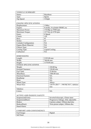 VEHICLE SUMMARY
Name: Hayabusa
Type: Sports
Top Speed: 332kph
ENGINE SPECIFICATIONS
Displacement: 1340cc
Engine: 4-stroke, 4-cylinder DOHC,rse
Maximum Power: 170 Bhp @ 9500 rpm
Maximum Torque: 127 Nm @ 6750 rpm
Gears: 6 Speed
Clutch: 120
Bore: 81
Stroke: 63
Cylinder Configuration: NA
Engine Block Material: NA
Chassis Type: NA
Cooling Type: Liquid Cooling
Carburetor: NA
DIMENSIONS
Length: 2195.00 mm
Width: 740.00 mm
Height: 1170.00 mm
OTHER SPECIFICATIONS
Weight: 220.00 kg
Ground Clearance: 120.00 mm
Fuel Tank: 22.00 ltrs
Wheelbase: 1480.00 mm
Electrical System: NA
Headlamp: NA
Horn: NA
Wheel Type: Alloys
Wheel Size: 120/70 ZR17 - 190/50Z R17, tubeless
mm
Tubeless:
Colors: NA
ACTIVE AND PASSIVE SAFETY
Suspension(Front): Inverted telescopic, 43mm inner
Suspension(Rear): Progressive linkage, fully adjustable
Brakes: 6-piston caliper 320mm dual disc
Brakes(Rear): Twin piston caliper, 240mm disc
Stand Alarm:
COMFORT AND CONVENIENCE
Fuel Guage: Digital
Self Start:
50
Downloaded by Manju Bv (manjubv0431@gmail.com)
lOMoARcPSD|44080849
 