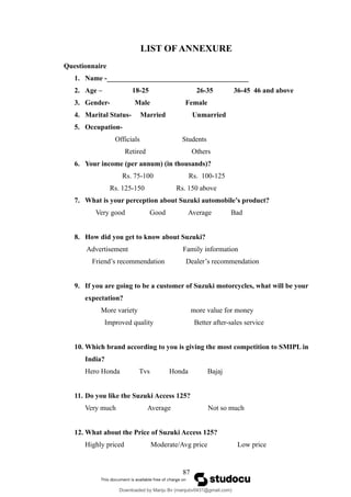 LIST OF ANNEXURE
Questionnaire
1. Name -________________________________________
2. Age – 18-25 26-35 36-45 46 and above
3. Gender- Male Female
4. Marital Status- Married Unmarried
5. Occupation-
Officials Students
Retired Others
6. Your income (per annum) (in thousands)?
Rs. 75-100 Rs. 100-125
Rs. 125-150 Rs. 150 above
7. What is your perception about Suzuki automobile’s product?
Very good Good Average Bad
8. How did you get to know about Suzuki?
Advertisement Family information
Friend’s recommendation Dealer’s recommendation
9. If you are going to be a customer of Suzuki motorcycles, what will be your
expectation?
More variety more value for money
Improved quality Better after-sales service
10. Which brand according to you is giving the most competition to SMIPL in
India?
Hero Honda Tvs Honda Bajaj
11. Do you like the Suzuki Access 125?
Very much Average Not so much
12. What about the Price of Suzuki Access 125?
Highly priced Moderate/Avg price Low price
87
Downloaded by Manju Bv (manjubv0431@gmail.com)
lOMoARcPSD|44080849
 